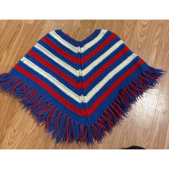 Vtg Handmade Knitted Childs Poncho With Fringe Trim Bold Stripes Red White Blue - Picture 4 of 6